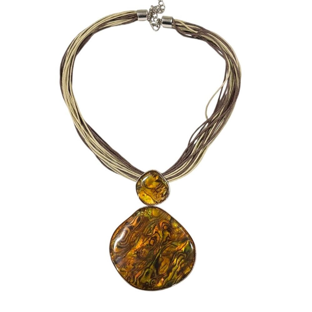 Abalone Resin Lucite Pendant Necklace Leather Cord Adjustable Chain Amber Color
